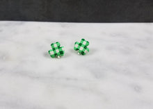 Load image into Gallery viewer, S Green and White Buffalo Plaid Shamrock Post Earring

