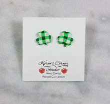Load image into Gallery viewer, S Green and White Buffalo Plaid Shamrock Post Earring
