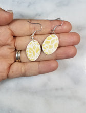 Load image into Gallery viewer, Oval White & Gold Floral Petal Dangle Handmade Earrings