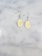 Load image into Gallery viewer, Oval White & Gold Floral Petal Dangle Handmade Earrings