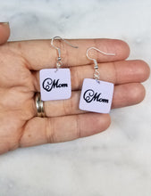 Load image into Gallery viewer, Lavender Square Fancy "Mom" Dangle Handmade Earrings