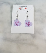 Load image into Gallery viewer, Lavender Heart "Mom" with Rose Dangle Handmade Earrings