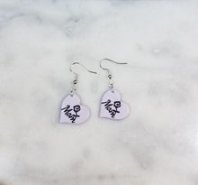 Load image into Gallery viewer, Lavender Heart "Mom" with Rose Dangle Handmade Earrings