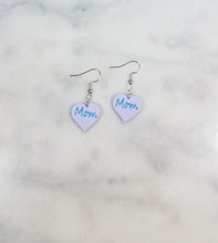 Load image into Gallery viewer, Lavender Heart "Mom" Dangle Handmade Earrings