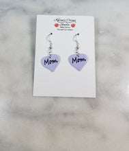 Load image into Gallery viewer, Lavender Heart "Mom" Dangle Handmade Earrings