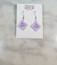 Load image into Gallery viewer, Lavender Diamond Shape "Mom" with Rose Dangle Handmade Earrings