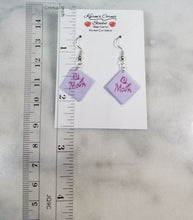 Load image into Gallery viewer, Lavender Diamond Shape "Mom" with Rose Dangle Handmade Earrings