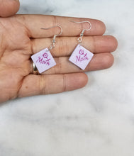 Load image into Gallery viewer, Lavender Diamond Shape "Mom" with Rose Dangle Handmade Earrings