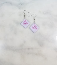 Load image into Gallery viewer, Lavender Diamond Shape "Mom" with Rose Dangle Handmade Earrings