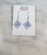Load image into Gallery viewer, Lavender Diamond Shape "Mom" with Rose Dangle Handmade Earrings