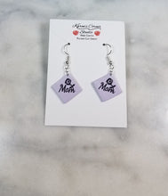 Load image into Gallery viewer, Lavender Diamond Shape "Mom" with Rose Dangle Handmade Earrings