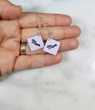 Load image into Gallery viewer, Lavender Diamond Cursive "Mom" Dangle Handmade Earrings