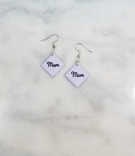Load image into Gallery viewer, Lavender Diamond Cursive "Mom" Dangle Handmade Earrings