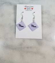 Load image into Gallery viewer, Lavender Diamond Cursive "Mom" Dangle Handmade Earrings