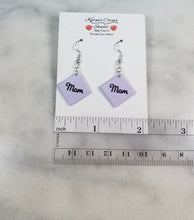 Load image into Gallery viewer, Lavender Diamond Cursive "Mom" Dangle Handmade Earrings