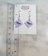 Load image into Gallery viewer, Lavender Diamond Cursive "Mom" Dangle Handmade Earrings