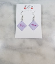 Load image into Gallery viewer, Lavender Diamond Cursive "Mom" Dangle Handmade Earrings