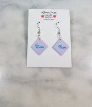 Load image into Gallery viewer, Lavender Diamond Cursive "Mom" Dangle Handmade Earrings