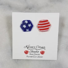 Load image into Gallery viewer, S Hexagon Shaped Red, White & Blue Post Handmade Earrings