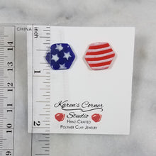 Load image into Gallery viewer, S Hexagon Shaped Red, White & Blue Post Handmade Earrings