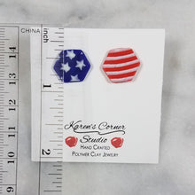Load image into Gallery viewer, S Hexagon Shaped Red, White & Blue Post Handmade Earrings