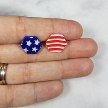 Load image into Gallery viewer, S Hexagon Shaped Red, White & Blue Post Handmade Earrings
