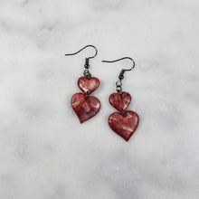 Load image into Gallery viewer, Rose Gold/Copper/Burgundy Double Heart Dangle Handmade Earrings