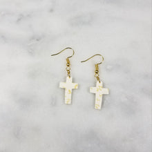 Load image into Gallery viewer, White Cross Gold Leaf Dangle Handmade Earrings