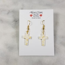 Load image into Gallery viewer, White Cross Gold Leaf Dangle Handmade Earrings