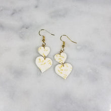 Load image into Gallery viewer, White Double Heart Gold Leaf Dangle Handmade Earrings