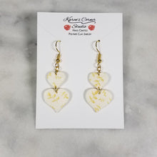Load image into Gallery viewer, White Double Heart Gold Leaf Dangle Handmade Earrings