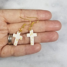 Load image into Gallery viewer, White Cross Gold Leaf Dangle Handmade Earrings