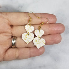 Load image into Gallery viewer, White Double Heart Gold Leaf Dangle Handmade Earrings