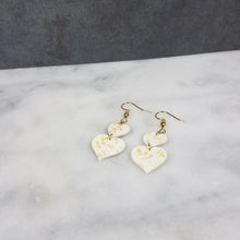 Load image into Gallery viewer, White Double Heart Gold Leaf Dangle Handmade Earrings