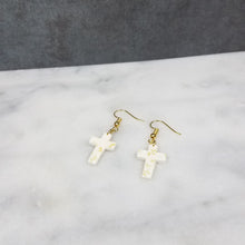 Load image into Gallery viewer, White Cross Gold Leaf Dangle Handmade Earrings