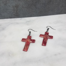 Load image into Gallery viewer, Rose Gold/Copper/Burgundy Cross Dangle Handmade Earrings