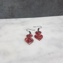 Load image into Gallery viewer, Rose Gold/Copper/Burgundy Double Heart Dangle Handmade Earrings
