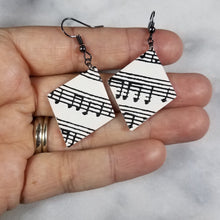 Load image into Gallery viewer, White Diamond Shaped Music Notes Dangle Handmade Earrings