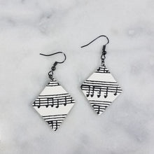Load image into Gallery viewer, White Diamond Shaped Music Notes Dangle Handmade Earrings