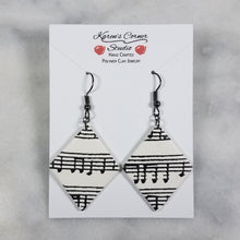 Load image into Gallery viewer, White Diamond Shaped Music Notes Dangle Handmade Earrings
