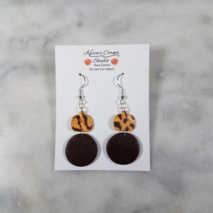 S Pumpkin and M Circle with Brown and Peach Leopard Print Dangle Handmade Earrings
