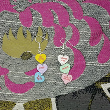 Load image into Gallery viewer, Triple Yellow, Purple, Blue, White, Green, and Pink Handmade Conversation Heart Valentine Dangle Handmade Earrings