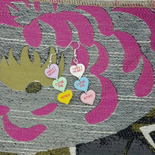 Load image into Gallery viewer, Triple Purple, Green, Yellow, White, Blue, and Pink Heart Handmade Matching Words Conversation Valentine Dangle Handmade Earrings