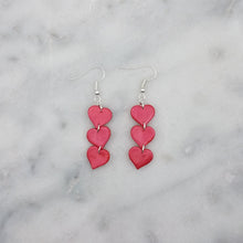 Load image into Gallery viewer, Triple Heart Shaped Shiny Red Handmade Dangle Handmade Earrings
