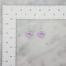 Load image into Gallery viewer, Purple Heart Conversation Words Valentine Handmade Dangle Handmade Earrings
