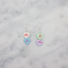 Load image into Gallery viewer, White, Green, Blue and Purple Double Heart Conversation Words Valentine Handmade Dangle Handmade Earrings
