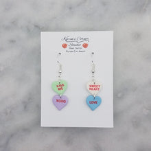 Load image into Gallery viewer, White, Green, Blue and Purple Double Heart Conversation Words Valentine Handmade Dangle Handmade Earrings

