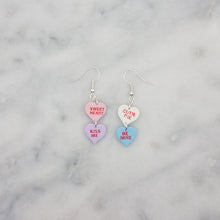 Load image into Gallery viewer, Pink, Purple, White, and Blue Double Heart Conversation Words Valentine Handmade Dangle Handmade Earrings
