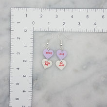 Load image into Gallery viewer, Purple, and White Double Heart Conversation Words Valentine Handmade Dangle Handmade Earrings
