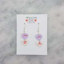Load image into Gallery viewer, Purple, and White Double Heart Conversation Words Valentine Handmade Dangle Handmade Earrings
